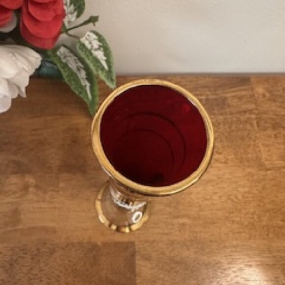 Vintage Red Gold Enameled Vase Hand Painted Floral Bohemian Czech Style Glass De - Picture 5 of 5